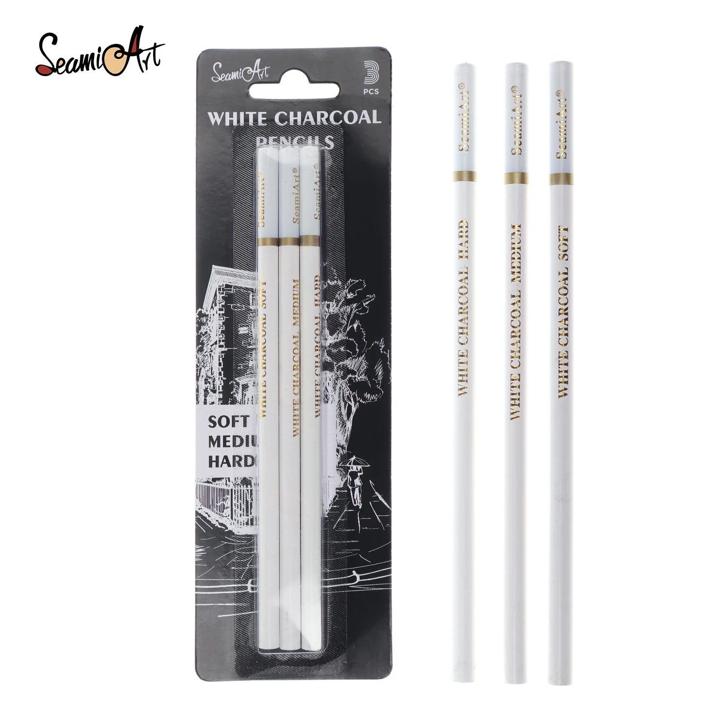 SeamiArt 3pcs Charcoal Pencil Set – Soft, Medium, Hard
