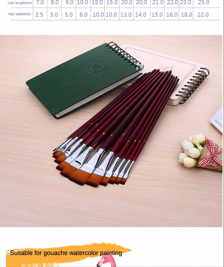 12pcs Two-Color Nylon Flat Paint Brushes – Watercolor & Oil