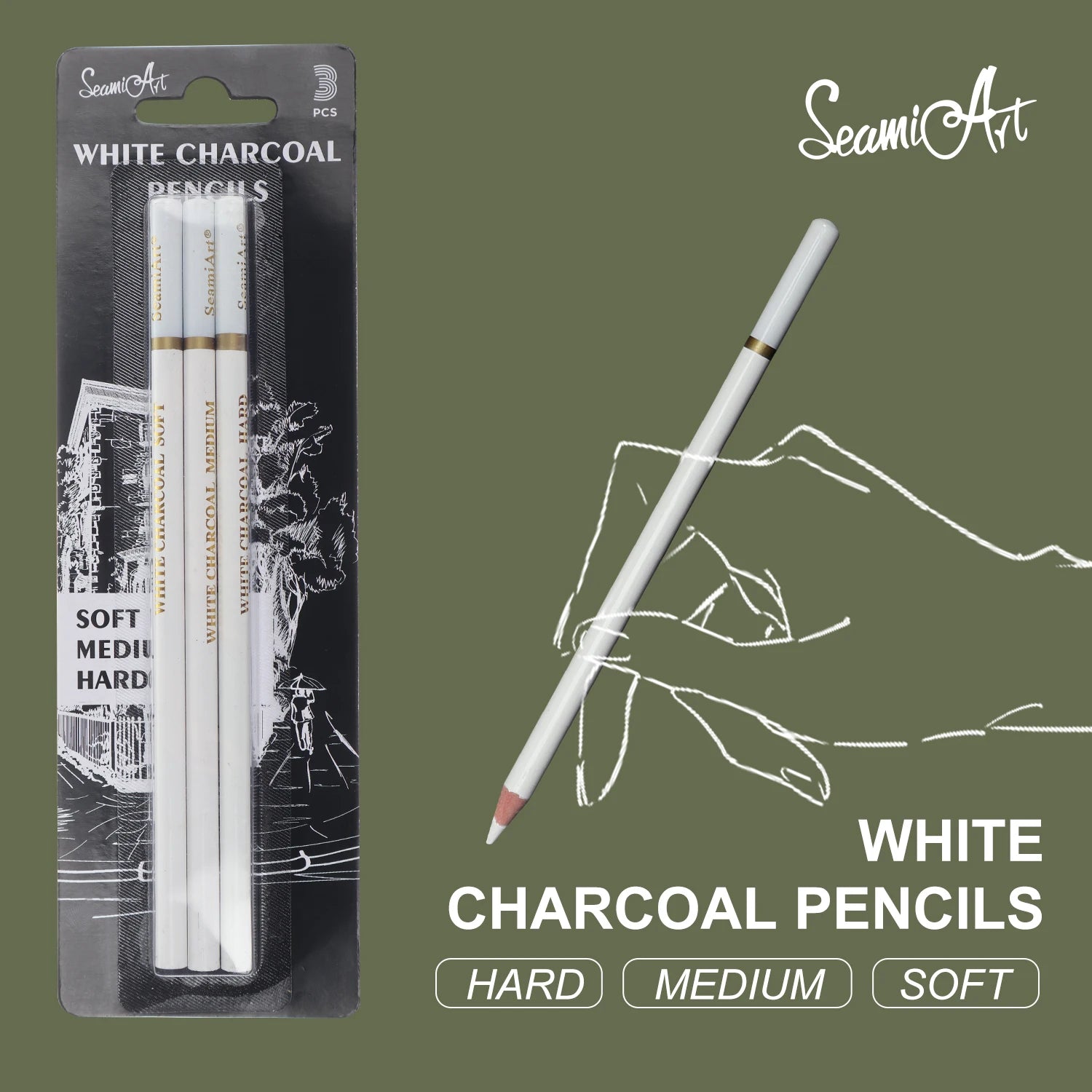 SeamiArt 3pcs Charcoal Pencil Set – Soft, Medium, Hard