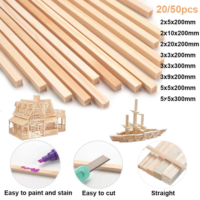 20-50pcs Balsa Wood Craft Sticks 2/3/5mm
