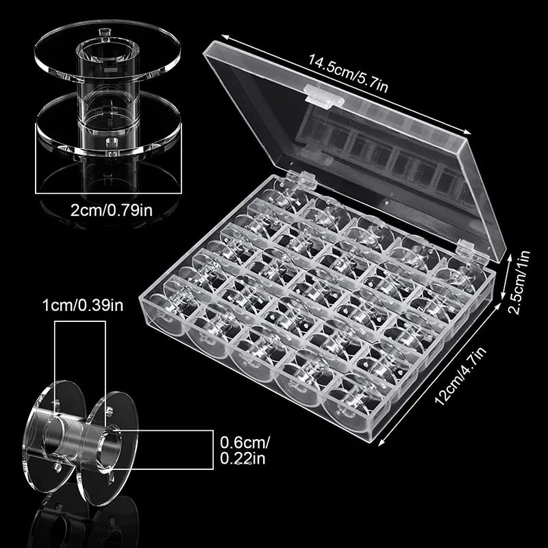 25pcs Clear Sewing Machine Bobbins with Storage Box