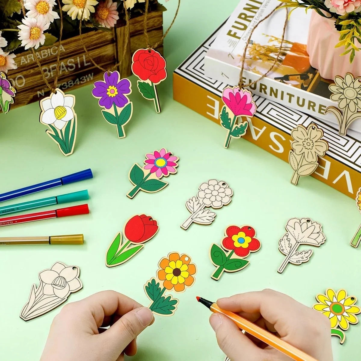 12pcs Spring Flower Wooden Ornaments – DIY Painting & Decoration