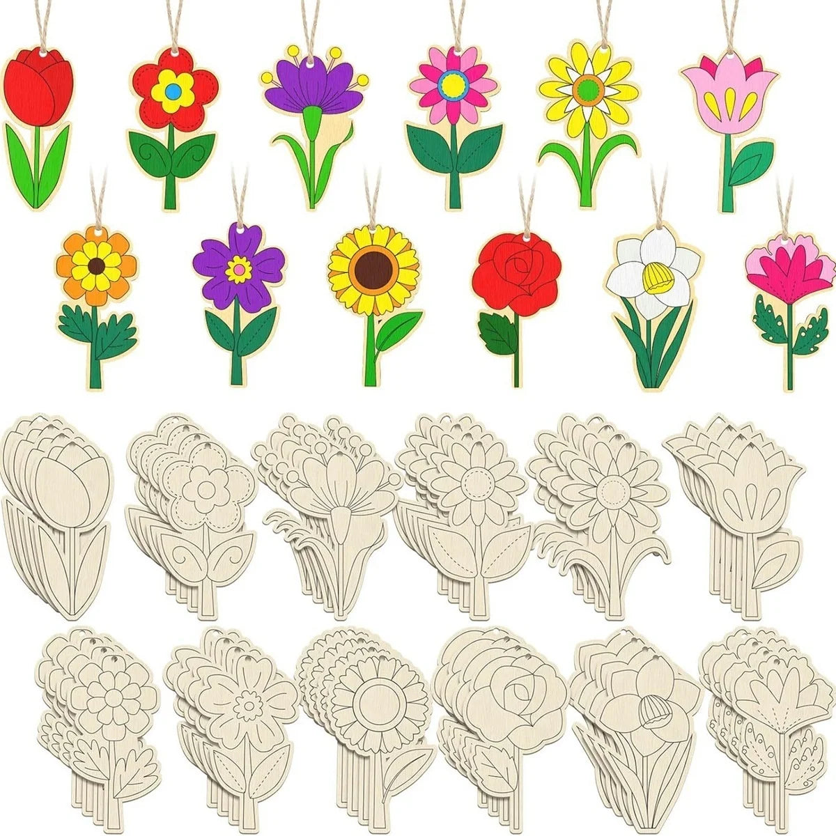 12pcs Spring Flower Wooden Ornaments – DIY Painting & Decoration