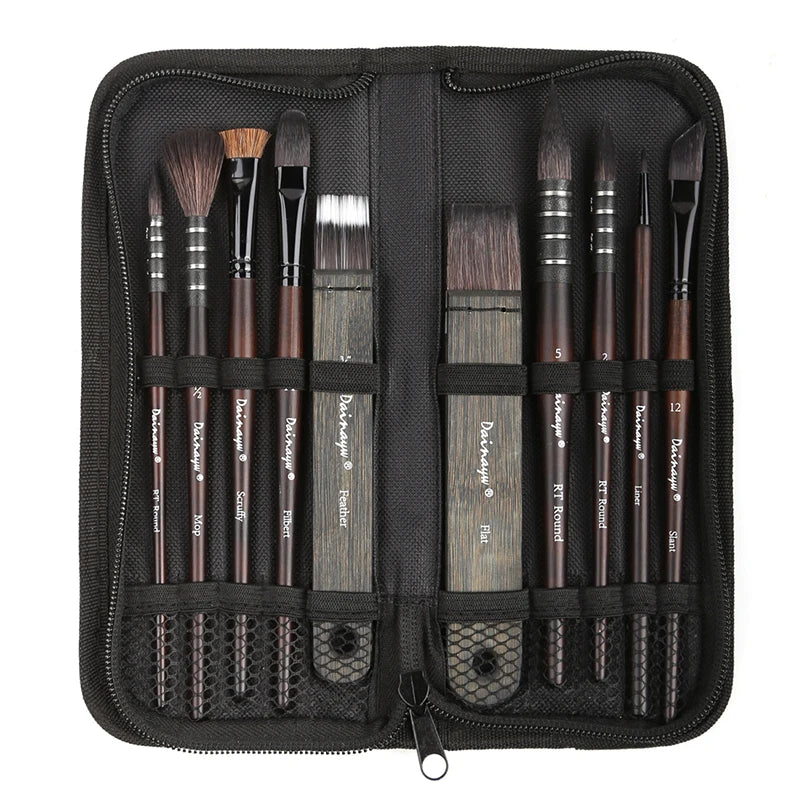 Dainayw 10pcs Watercolor & Acrylic Brush Set – Squirrel & Horse Hair