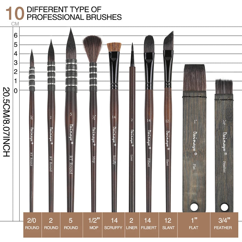 Dainayw 10pcs Watercolor & Acrylic Brush Set – Squirrel & Horse Hair