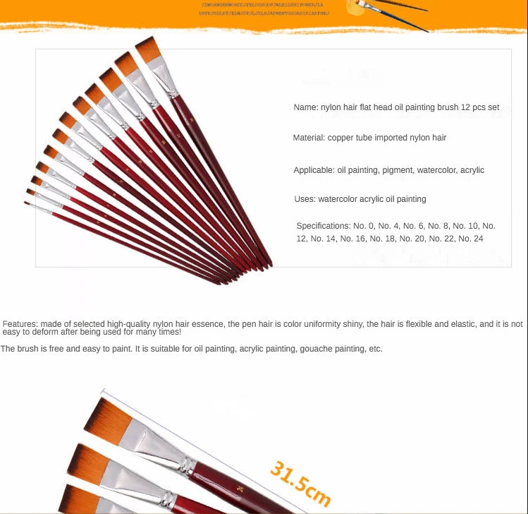 12pcs Two-Color Nylon Flat Paint Brushes – Watercolor & Oil