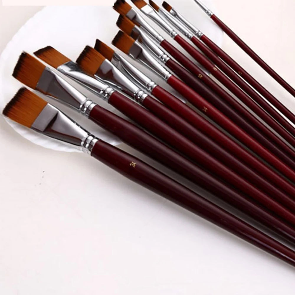 12pcs Two-Color Nylon Flat Paint Brushes – Watercolor & Oil