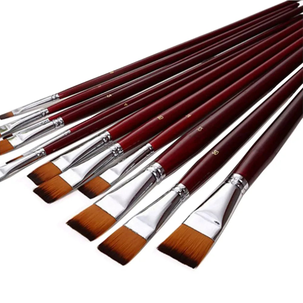 12pcs Two-Color Nylon Flat Paint Brushes – Watercolor & Oil