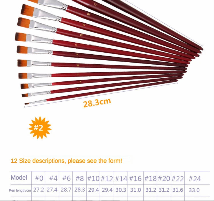 12pcs Two-Color Nylon Flat Paint Brushes – Watercolor & Oil